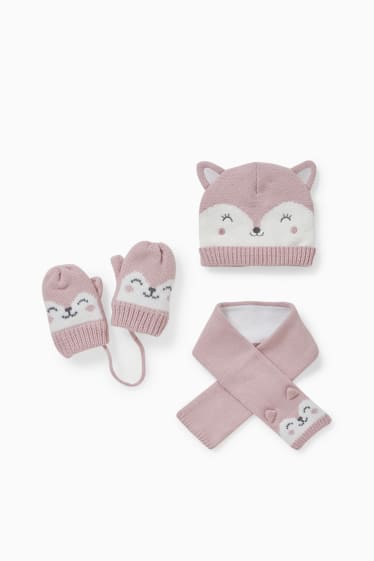 Neonati - Set - berretto, sciarpa e muffole per neonate - 3 pezzi - rosa