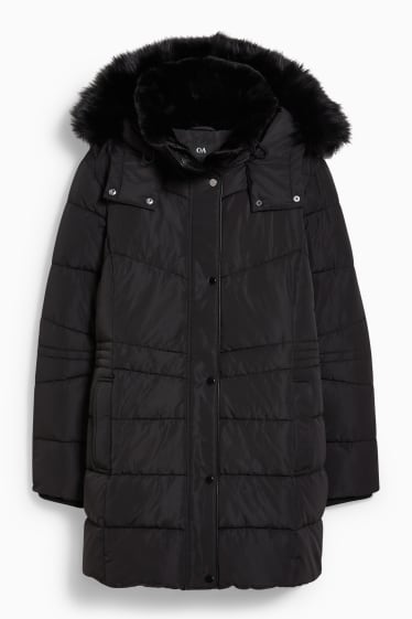 Dames - Gewatteerde jas met capuchon en rand van imitatiebont - zwart