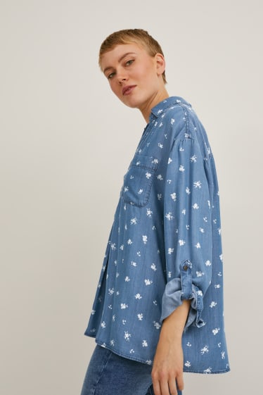 Women - Blouse - floral - blue denim