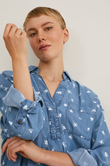 Femei - Bluză - cu flori - denim-albastru