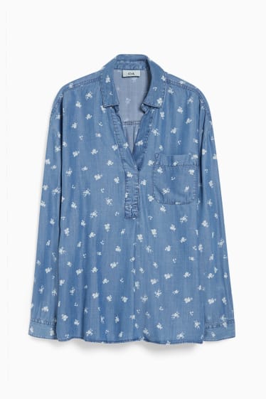 Femei - Bluză - cu flori - denim-albastru