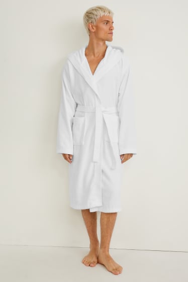 Men - Terry cloth bathrobe with hood - white