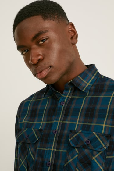 Men - Flannel shirt - regular fit - Kent collar - THERMOLITE® - check - dark blue