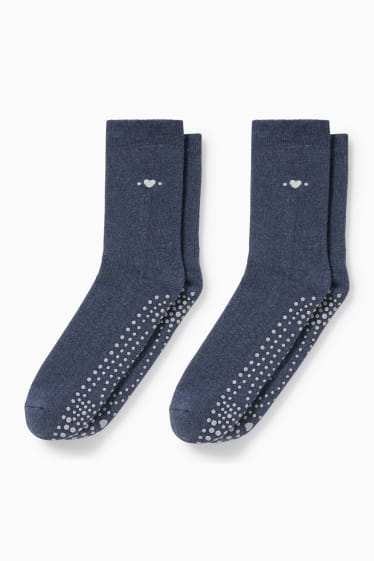 Femmes - Lot de 2 - chaussettes antidérapantes à motif - cœur - bleu chiné