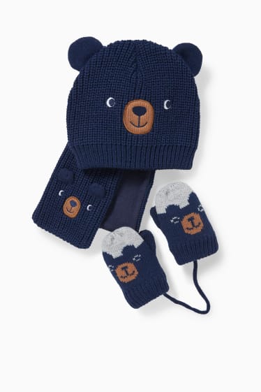 Bebés - Set - gorro, bufanda y manoplas para bebé - 3 piezas - azul oscuro