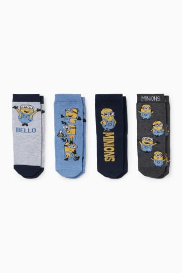 Bébés - Lot de 4 paires - Minions - chaussettes pour bébé à motif - gris / bleu foncé