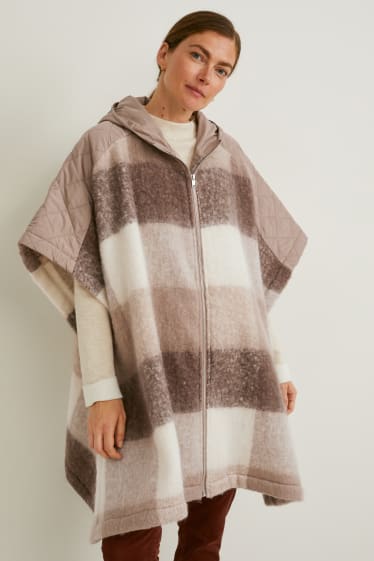 Mujer - Poncho con capucha - de cuadros - topo