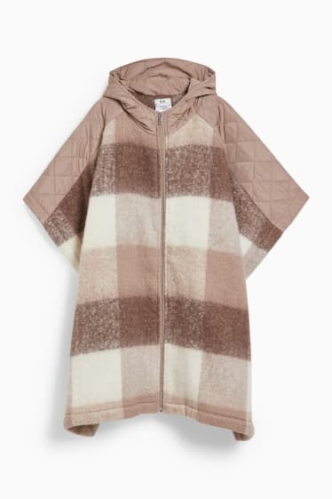 Women - Poncho with hood - check - taupe