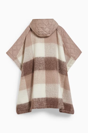 Women - Poncho with hood - check - taupe