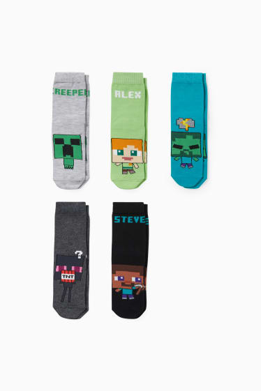 Enfants - Lot de 5 paires - Minecraft - chaussettes à motif - gris clair chiné