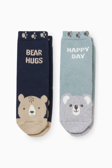Bébés - Lot de 2 paires - oursons - chaussettes antidérapantes à motif pour bébé - bleu foncé