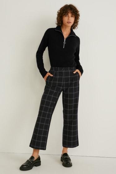 Femei - Pantaloni de stofă - talie medie - wide leg - în carouri - negru