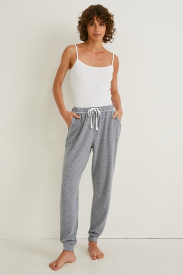 Damen - Pyjamahose - gepunktet - grau-melange