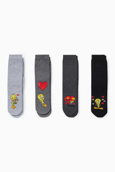 Dames - Set van 4 paar - sokken met motief - Tweety - grijs / zwart