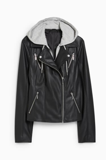 Damen - Bikerjacke mit Kapuze - Lederimitat - schwarz