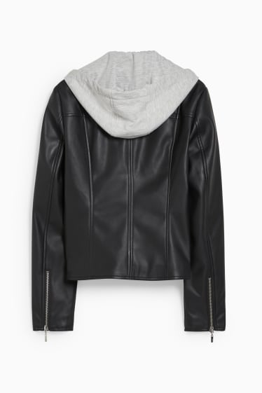 Damen - Bikerjacke mit Kapuze - Lederimitat - schwarz