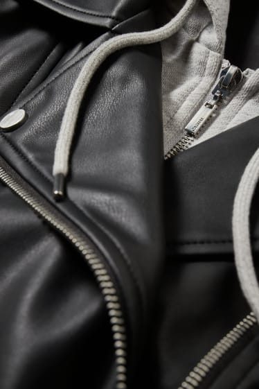 Damen - Bikerjacke mit Kapuze - Lederimitat - schwarz