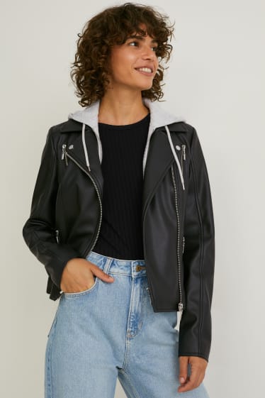 Dames - Bikerjack met capuchon - imitatieleer - zwart