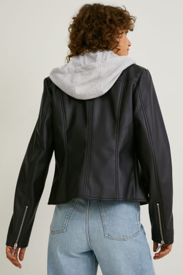 Femmes - Blouson motard à capuche - synthétique - noir