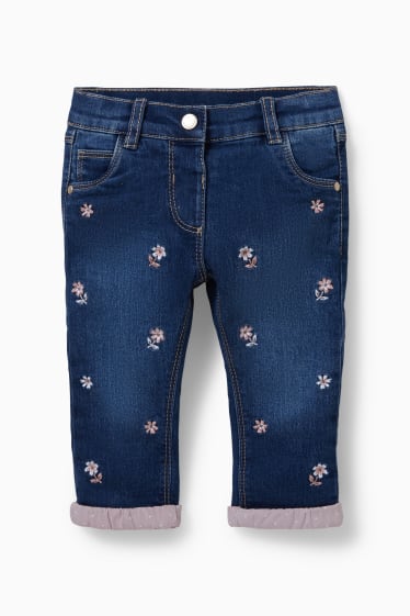 Neonati - Jeans termici per neonate - a fiori - jeans azzurro