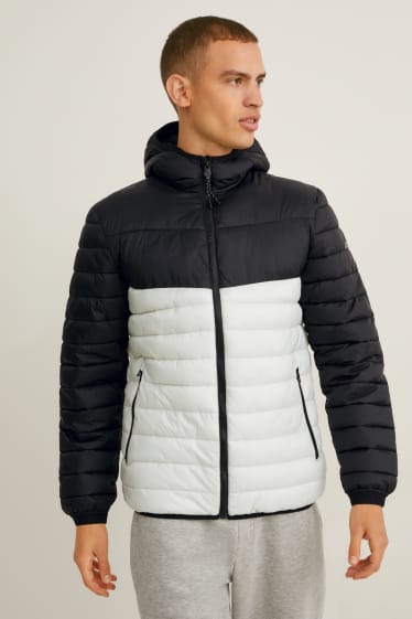 Heren - Gewatteerde jas met capuchon - wit / zwart