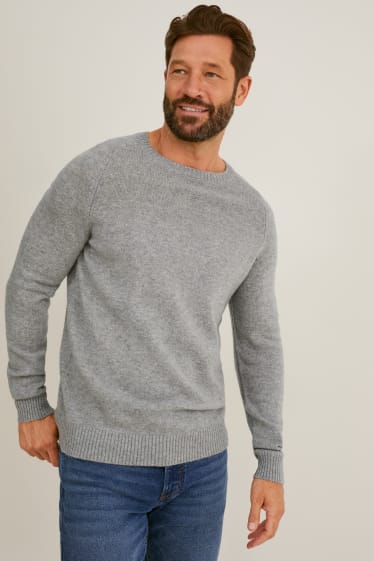 Mężczyźni - Sweter z żywej wełny - jasnoszary-melanż