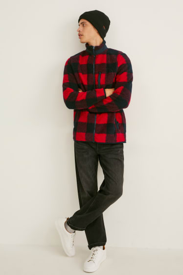 Mężczyźni - Rozpinana kurtka ze sztucznego kożuszka - w kratkę - czerwony / czarny