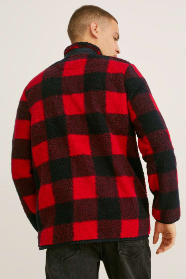 Mężczyźni - Rozpinana kurtka ze sztucznego kożuszka - w kratkę - czerwony / czarny