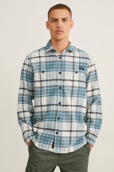 Men - Flannel shirt - regular fit - kent collar - check - green / cremewhite