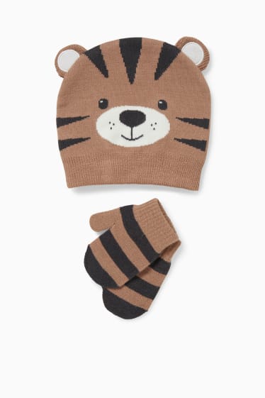 Baby: jongens - Set - babymuts en -handschoentjes - 3-delig - lichtbruin