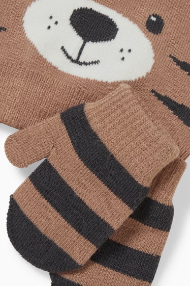 Baby: jongens - Set - babymuts en -handschoentjes - 3-delig - lichtbruin