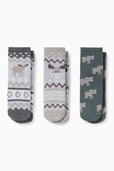 Babys - Multipack 3er - Elch - Baby-Anti-Rutsch-Socken mit Motiv - grau / dunkelgrün