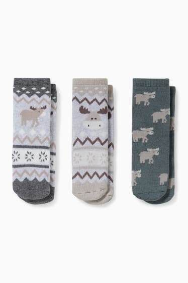 Bébés garçons - Lot de 3 paires - élan - chaussettes antidérapantes à motif pour bébé - gris / vert foncé