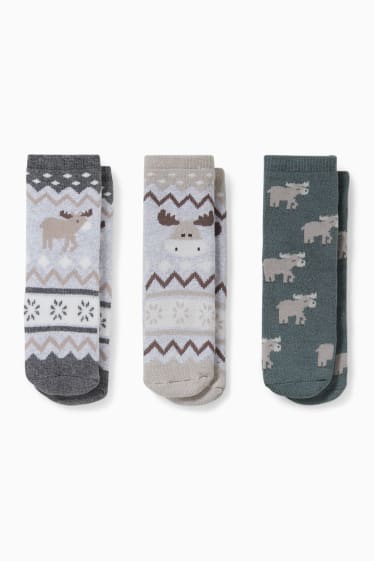 Bebés - Pack de 3 - alce - calcetines antideslizantes con dibujo para bebé - gris / verde oscuro