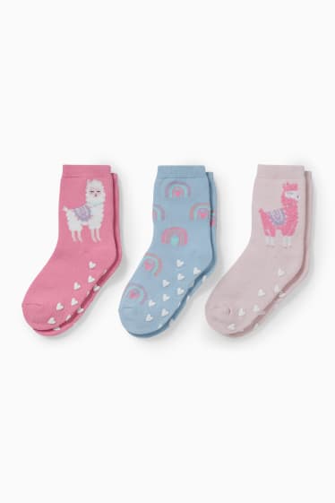 Niños - Pack de 3 - llama - calcetines antideslizantes con dibujo - rosa