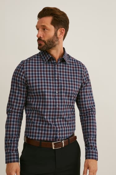 Heren - Business-overhemd - slim fit - kent - gemakkelijk te strijken - geruit - grijs / donkerrood