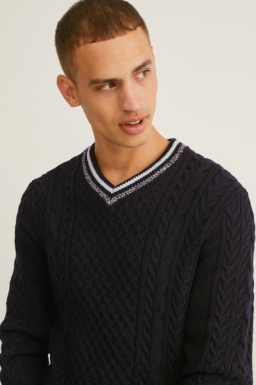 Hommes - Pullover - motif à tresse - bleu foncé