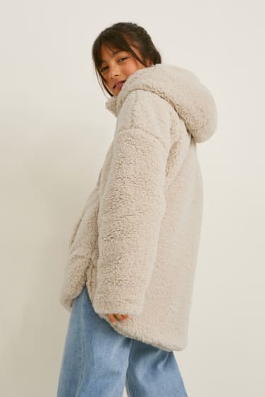 Children - Teddy fur coat with hood - beige