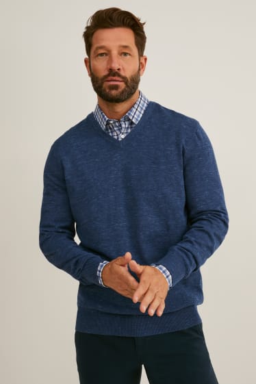 Hommes - Pull et chemise de bureau - regular fit - col Kent - facile à repasser - bleu foncé / blanc