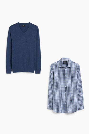 Heren - Trui en overhemd - regular fit - kent - gemakkelijk te strijken - donkerblauw / wit