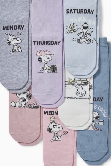 Dames - Set van 7 paar - sokken met motief - Snoopy - lichtpaars
