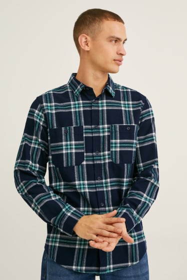 Men - Flannel shirt - regular fit - kent collar - check - dark blue / gray