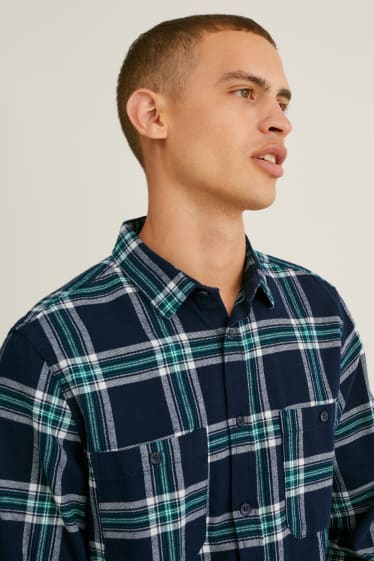 Men - Flannel shirt - regular fit - kent collar - check - dark blue / gray