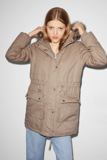 Women - CLOCKHOUSE - parka with hood and faux fur trim - winter - beige