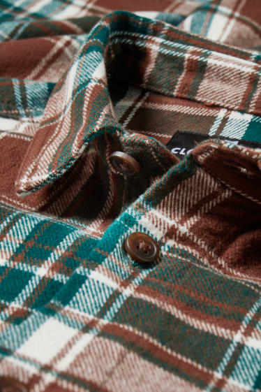 Uomo - CLOCKHOUSE - camicia di flanella - relaxed fit - collo all'italiana - a quadretti - marrone / verde scuro