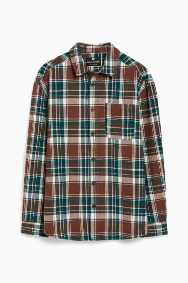 Men - CLOCKHOUSE - flannel shirt - relaxed fit - kent collar - check - brown / dark green