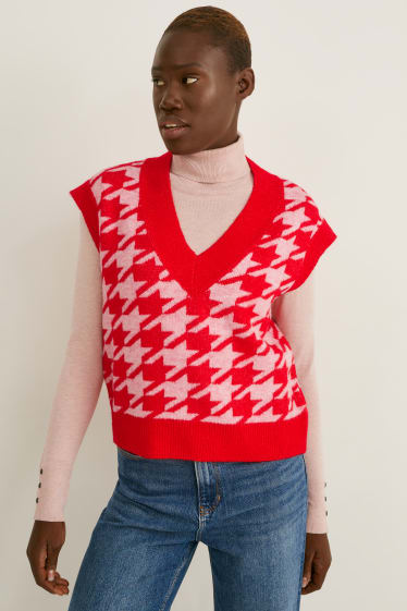 Donna - Gilet in maglia - a quadretti - rosa / rosso