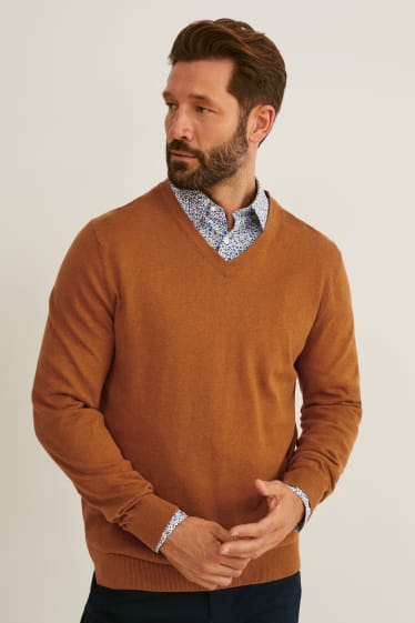 Men - Jumper and shirt - regular fit - button-down collar - easy-iron - brown / blue