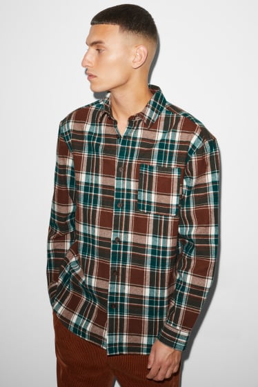 Men - CLOCKHOUSE - flannel shirt - relaxed fit - kent collar - check - brown / dark green