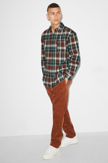 Men - CLOCKHOUSE - flannel shirt - relaxed fit - kent collar - check - brown / dark green